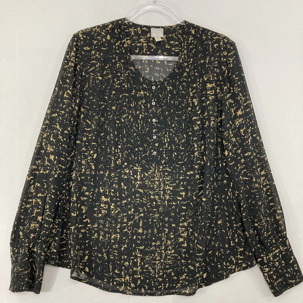 Converse Top size XL Black Tan Abstract‎ Sheer Long Sleeve Popover Blouse